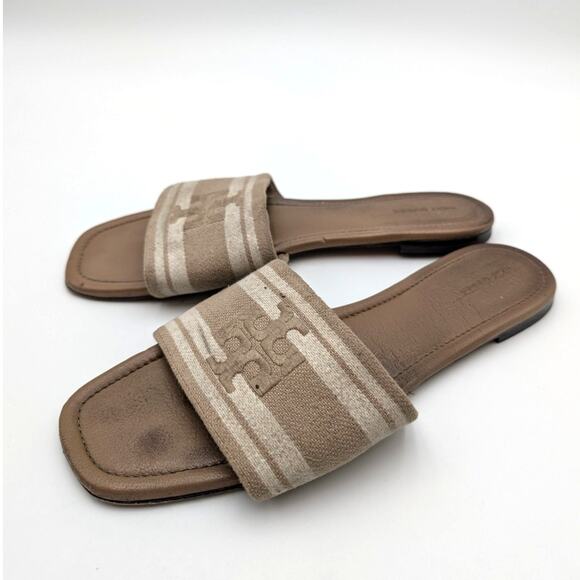 Tory Burch Double T Jacquard Slide Sandals Cammello/ash White Size US11M EU42 - Picture 1 of 12